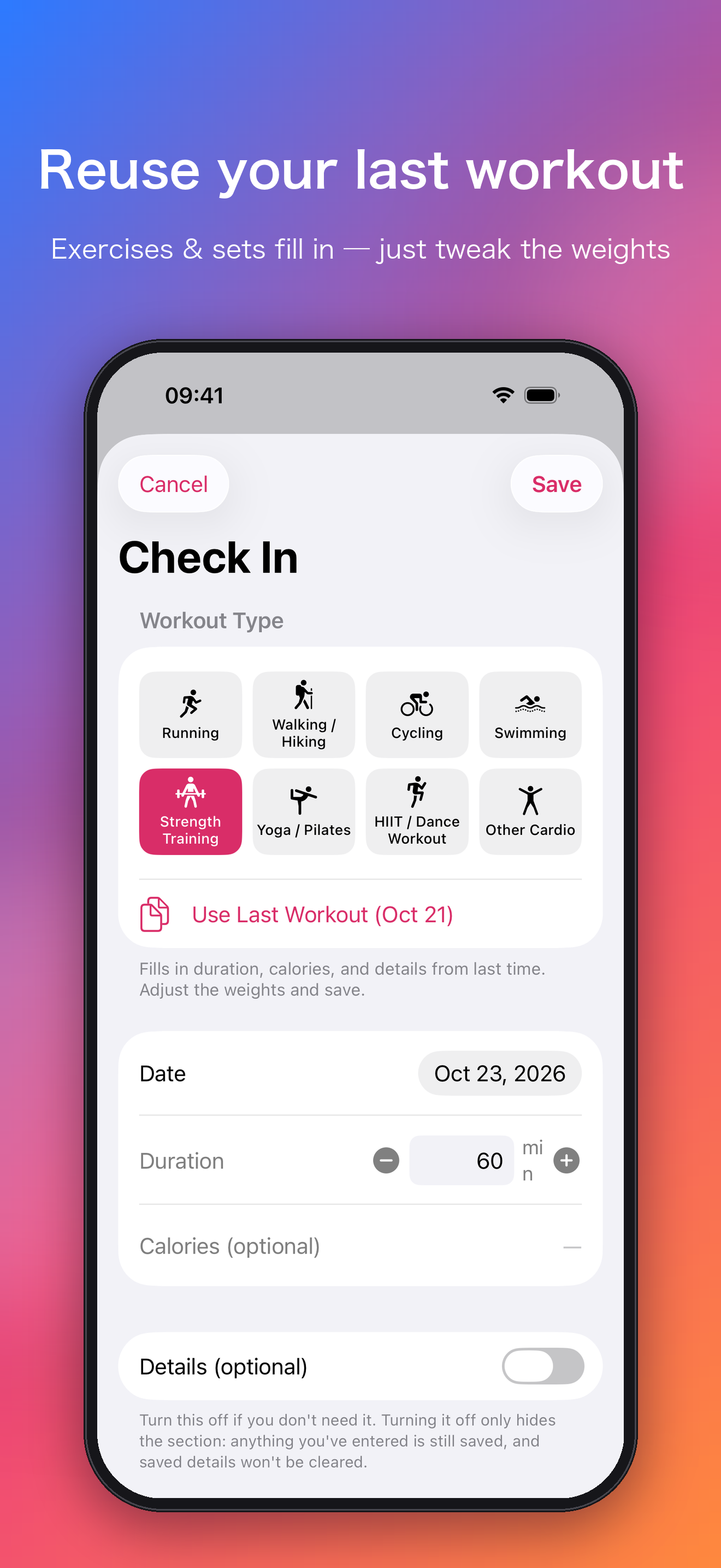 Use Last Workout with one tap