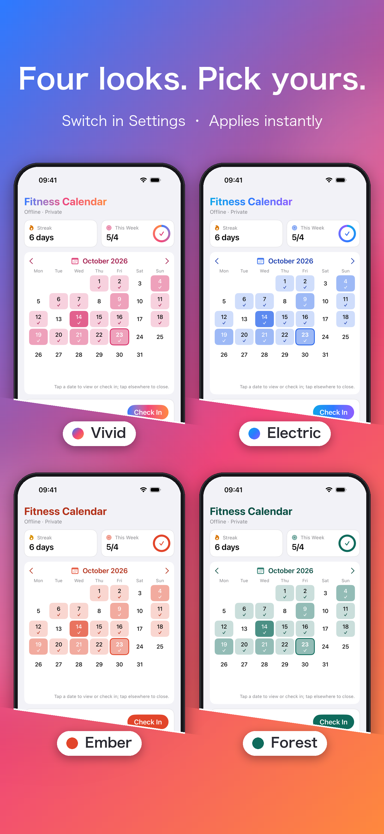 Four color themes, switch in one tap