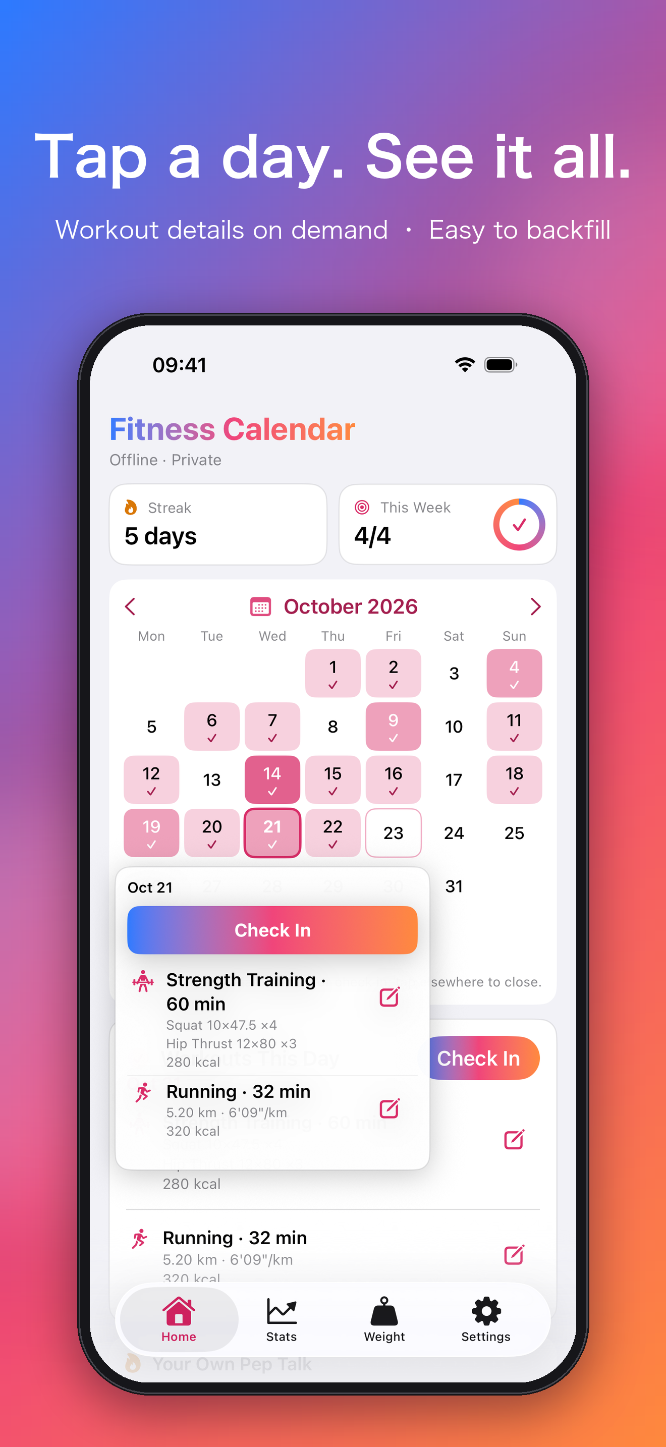 Tap a date to see that day's workouts
